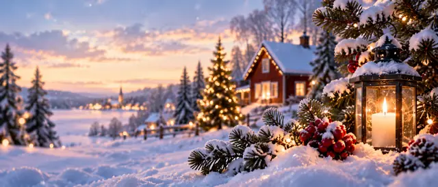 Namnsdag på julafton – Röd stuga i snö med julgran och lykta på julafton