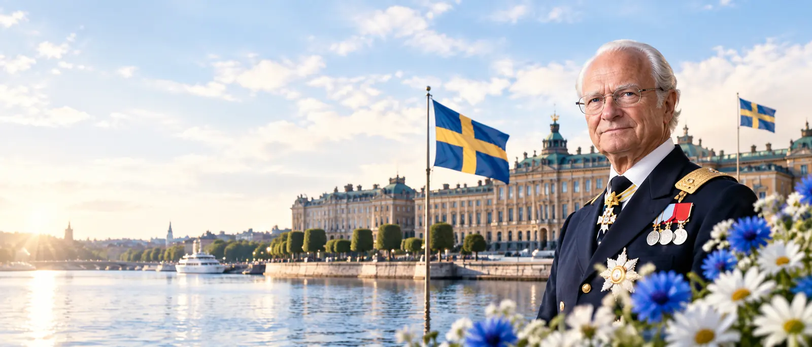 Kungens namnsdag – Kung Carl XVI Gustaf framför Stockholms slott och svenska flaggan