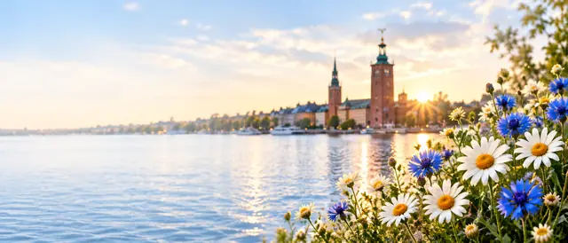 Namnsdagar i Sverige – Stockholms stadshus vid vattnet med prästkragar och blåklint